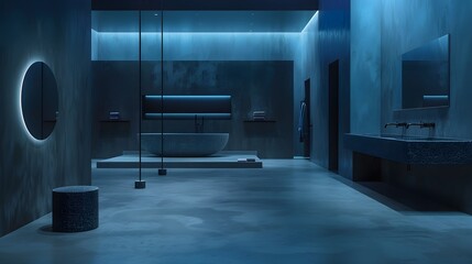 Wall Mural - Minimalist studio ambiance Dark blue hues converge with soft blue lighting, emphasizing product display against a textured concrete floor