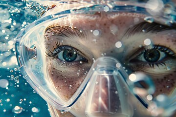 Wall Mural - Young woman wearing snorkel mask underwater looking at camera