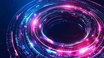 Wall Mural - Abstract technology futuristic background featuring a portal hologram circle. Hi-tech, science, and speed concepts with a digital neon light effect.
