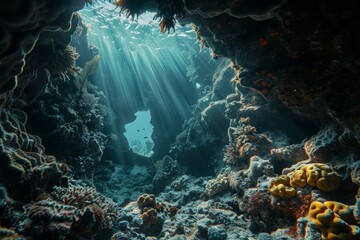 Wall Mural - Sunlight illuminating underwater cave with corals