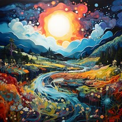 Wall Mural - Painting of a river in the mountains. Colorful landscape.