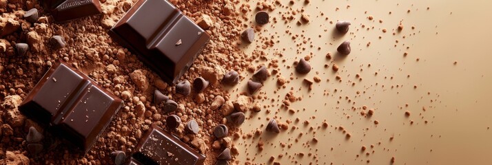 horizontal banner, World Chocolate Day, pieces, drops and crumbs of chocolate, brown background, confectionery factory, sweet life, free space for text