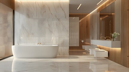 Wall Mural - Modern bathroom with marble fixtures, light brown wood paneling, and an empty white wall on the left, light background, mockup concept HD REALISTIC 8k interior design