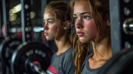 Canvas Print - With grit and determination, a young couple tackles a rigorous workout routine in the gym, their synchronized shoulder