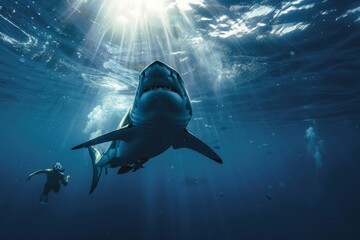 Wall Mural - Great white shark swimming upwards in sunrays with scuba diver