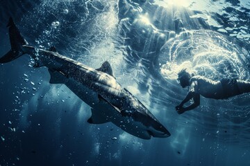 Wall Mural - Diver swimming with a big tiger shark in deep blue ocean