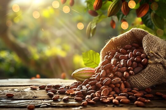 Cacao fruit and cocoa tree background, wooden table with a brown sack of delicious organic loose glossy beans spilling onto the surface, blurred green leaves