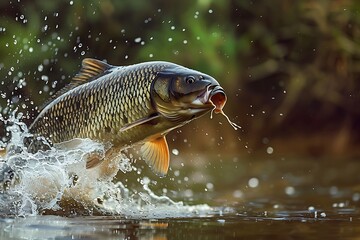 Wall Mural - A beautiful carp jumps out of the water,