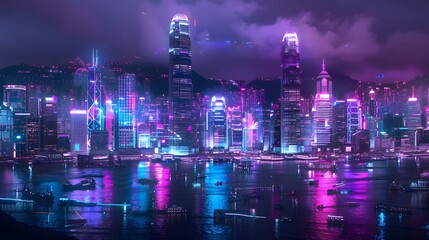 Wall Mural - Nighttime Hong Kong skyline transformed into a neon-lit Metaverse, blending cryptocurrency technology with futuristic networks