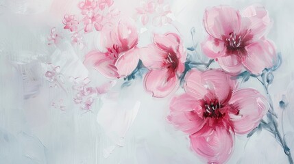 Wall Mural - Pink flowers painted on a white backdrop
