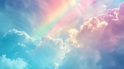 Colorful pastel rainbow and clouds on blue sky background.AI generated image