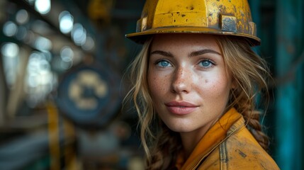 A woman in a safety helmet stands in an industrial area, depicting empowerment and professional occupation