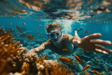 Wall Mural - Young man snorkeling is exploring underwater marine life