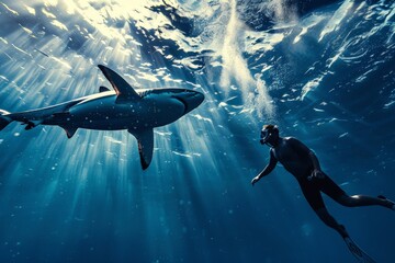 Wall Mural - Scuba diver swimming with shark in deep blue ocean