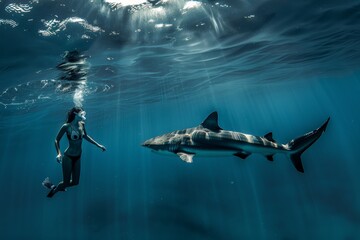 Young woman freediving and swimming with a shark in blue ocean