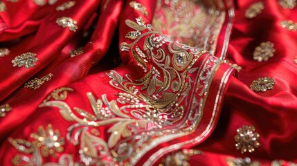 Wall Mural - Description 2 Elegant red silk fabric perfect for Indian bridal attire with stunning embellishments