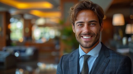 Wall Mural - A well-groomed man with a charming smile is wearing a business suit inside a contemporary corporate office environment