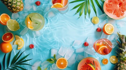 Wall Mural - Aqua art transforms a swimming pool into a vibrant oasis filled with floating fruits and leaves, creating a mesmerizing display of color and nature AIG50