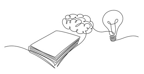 Textbook with light bulb and brain continuous one line icon drawing. Book with lamp and brain symbol single line vector illustration in doodle style. Education contour linear sign design