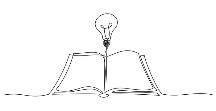 Open textbook with shining light bulb continuous one line icon drawing. Book with lamp idea symbol single line vector illustration in doodle style. Education contour linear sign design