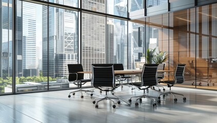 Wall Mural - Elegant meeting room with glass walls overlooking the city, featuring black office chairs around an elegant wooden table Generative AI