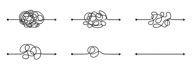 Messy arrow lines doodle. Complex and simple way, tangle scribble path, chaos mindset in sketch style. Hand drawn vector illustration isolated on white background