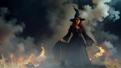Wall Mural - witch standing in fire and smoke 4k features an a.i. generated video of a witch holding a fiery wand
