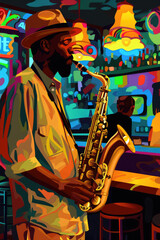 An illustration of a jazz musician playing a saxophone in a brightly colored nightclub. The musician is wearing a hat and a light-colored shirt, and the saxophone is in the foreground