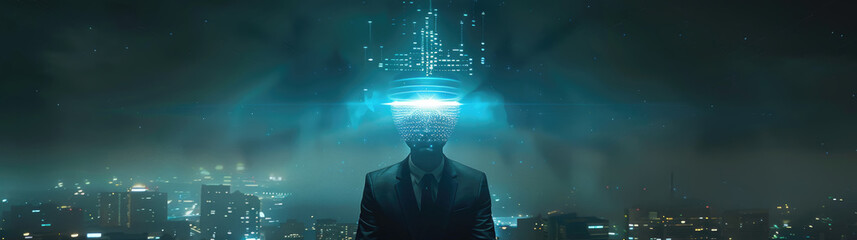 Wall Mural - A man in a suit stands in front of a cityscape at night, looking up at a bright, digital glow emanating from above his head