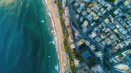 Wall Mural - An aerial view of a city by the waterfront showcasing urban design, architectural buildings, and natural landscapes including condominiums, houses, and art installations AIG50