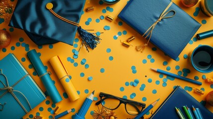 Wall Mural - Top view of graduation items with confetti on yellow background