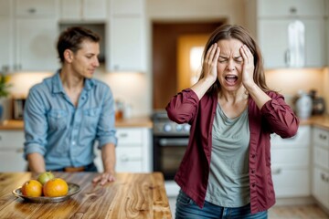 Poster - Woman is stress and crying in a kitchen, family problems, domestic violence