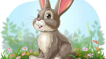 Digital illustration of a cute cartoon rabbit in a lush green meadow with colorful flowers around