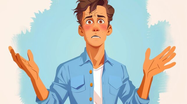 Illustrated image of a man with a confused expression, shrugging in front of a light background