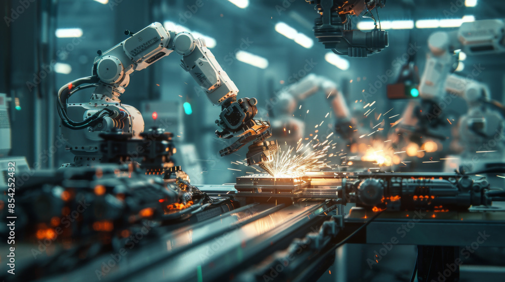 Industrial robotic arms welding on an assembly line in a modern factory ...