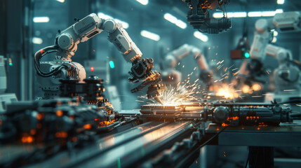 Industrial robotic arms welding on an assembly line in a modern factory, highlighting advanced manufacturing technology.