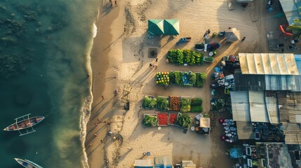 Wall Mural - A birdseye view of a beach with colorful umbrellas and tents, surrounded by water and an urban design landscape. Perfect spot for leisure and recreation in the city AIG50