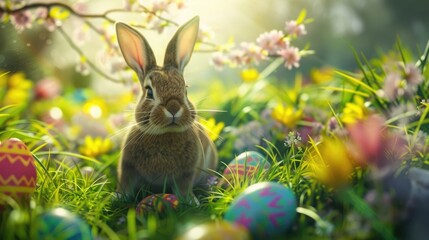 Wall Mural - Happy Easter Bunny surrounded by vibrant Easter eggs in a sunny garden