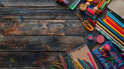 Wall Mural - School supplies on a wooden table with space for text, top view. AI generated illustration