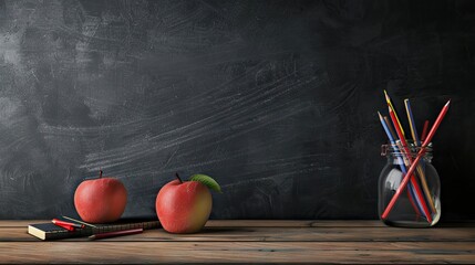 Wall Mural - education and back to school concept. pencils stand as bus over wooden desk infront of classroom blackboard. AI generated illustration