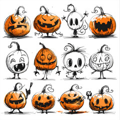 Wall Mural - A set of Halloween pumpkins with faces drawn on them