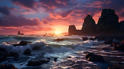 Panoramic view of the ocean and rocks at sunset time.