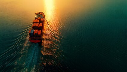 Aerial view of a cargo ship with colorful containers sailing in the open sea at sunset  ai generative