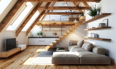 Wall Mural - Stylish interior of modern living room with wooden floor  ai generative