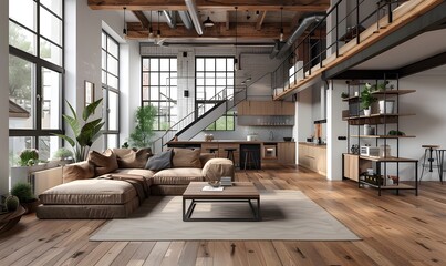 Wall Mural - Stylish interior of modern living room with wooden floor  ai generative