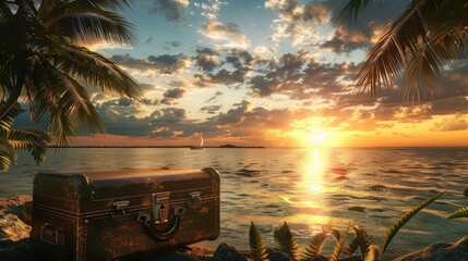 Wall Mural - tropical island with sunset and suitcase