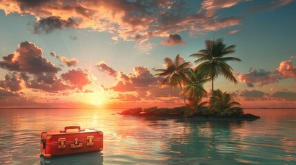 tropical island with sunset and suitcase
