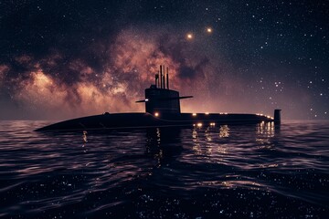 Submarine sailing under a starry night sky, reflecting on sea water, world war concept