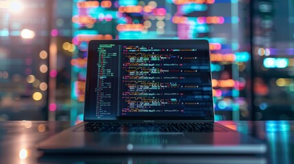 Technology of Software development, web design, programming concept. Program code on screen laptop, phone, code of program, data, interface elements on screen laptop. Software development Tech Banner