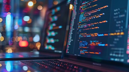 Technology of Software development, web design, programming concept. Program code on screen laptop, phone, code of program, data, interface elements on screen laptop. Software development Tech Banner